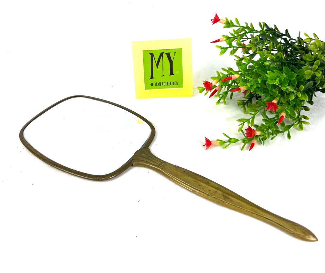 Vintage Handheld Vanity Mirror Brass Handle Pink Floral Etsy