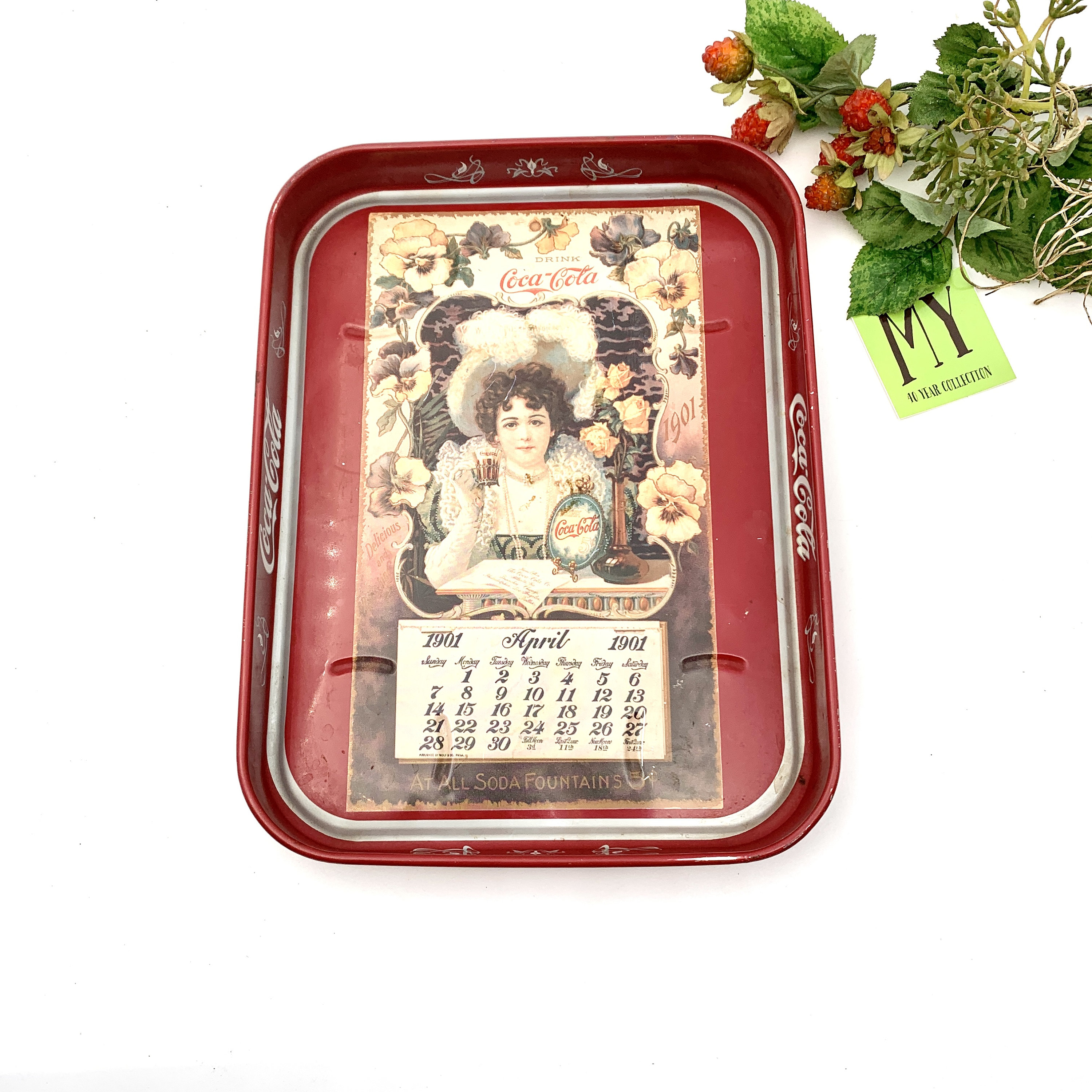 Vintage Coca Cola Metal Tray: Hilda Clark 1901 Calendar, Made in
