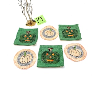 Vintage Pumpkin Fabric Coasters: Halloween Quilted Patchwork Set