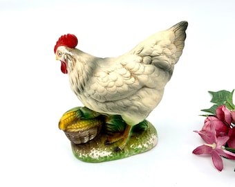 Vintage Porcelain Chicken Figurine: Farmhouse Decor with Corn Basket - My40YeearCollection