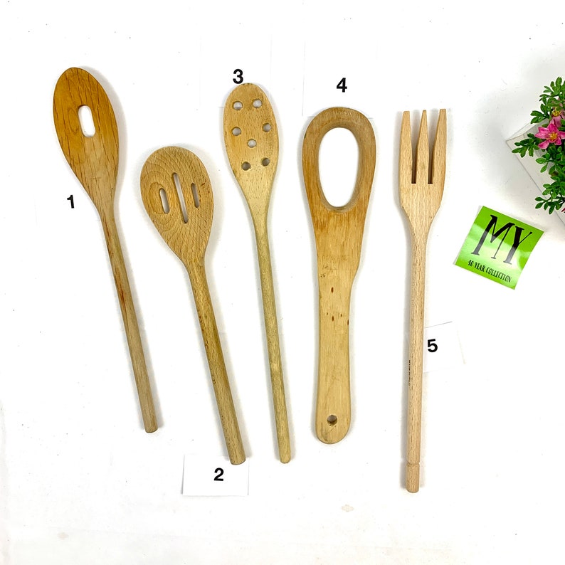 Vintage and Antique Wooden Spoons With Holes and Fork Set of 5 Etsy