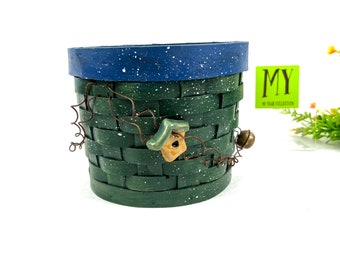 Vintage Green Wicker Basket with Ceramic Birdhouse & Bell