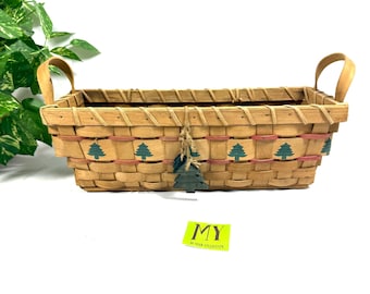Vintage Longaberger Style Basket Wooden Handles Woven Storage Rustic Farmhouse Organizer Primitive Decor