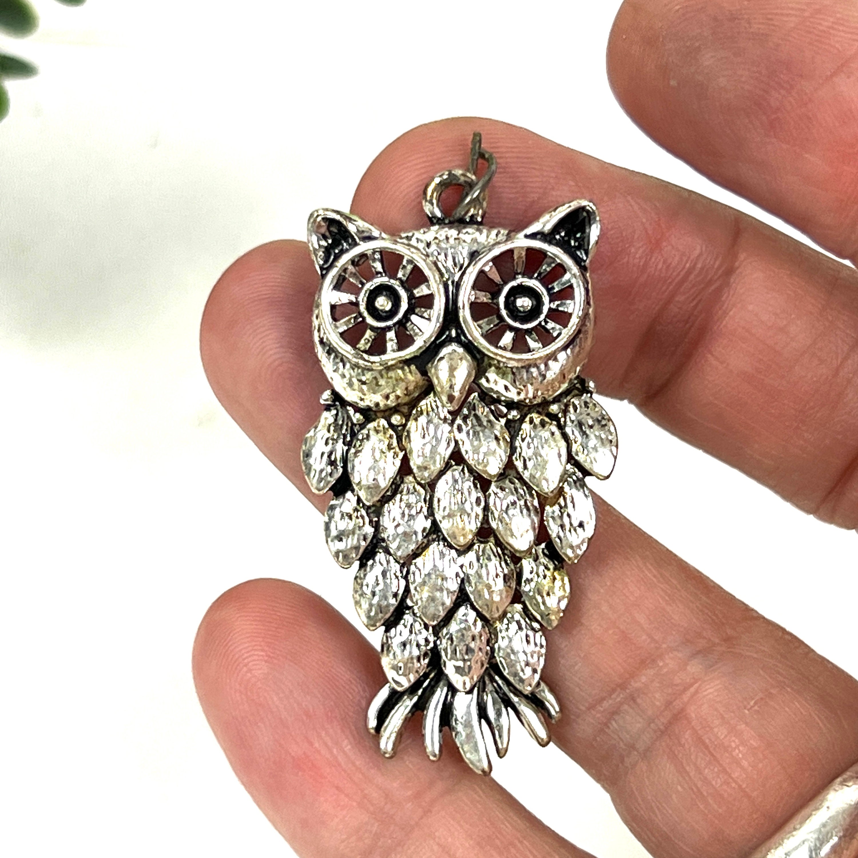 Vintage Silver Tone Owl Pendant - Textured Charm