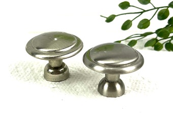 Vintage Brushed Nickel Dresser Knobs - Round Silver Tone Cabinet Pulls - Set of 2