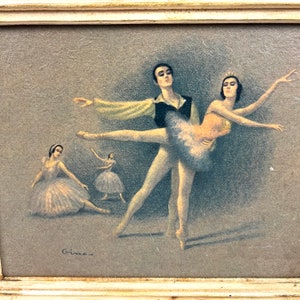 May include: A framed vintage print of a ballet performance. The print features four dancers in a light gray background. The dancers are wearing traditional ballet costumes. The print is signed "Gines" in the bottom left corner.