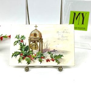 Antike Postkarte - Tuck's Holly Postkarte - Kirchenglocke mit Kreuz und Weihnachtsstechpalme - Weihnachtswunschkarte - My40YearCollection