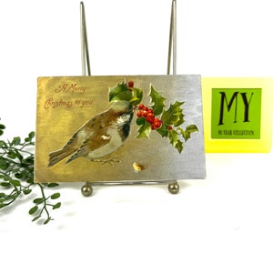 Antique Christmas Card - Metallic Finch Holly Berry - A Merry Christmas to You - Benjamin Franklin 1 Cent Stamp - My40YearCollection