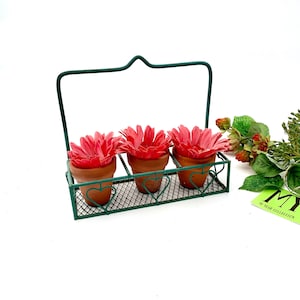 Vintage Teal Metal Basket with Mini Terra Cotta Pots