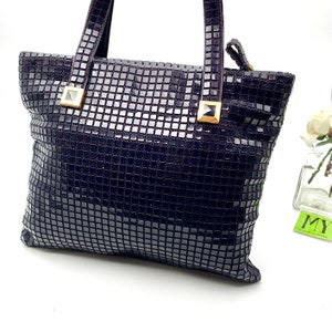Vintage Navy Blue Sequin Tote Bag: Leather Straps, Gold Fittings