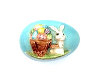 Vintage Pottery Easter Egg: Bunny with Basket, Hand Painted Decor