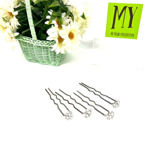 Vintage Hair Pin - Four Fork Prong with Rhineston… - image 2