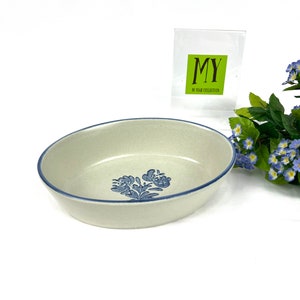 Vintage Stoneware 7 inch Oval Casserole Baker - Pfaltzgraff Yorktowne China - 240 - Blue Floral with Blue Trim - My40YearCollection