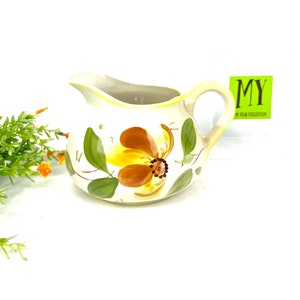 Vintage Pottery Pitcher - Secla Pottery - Hand Painted Portugal - Cream Orange Green Flowers - Wide Mouth Pitcher -  My40YearCollection