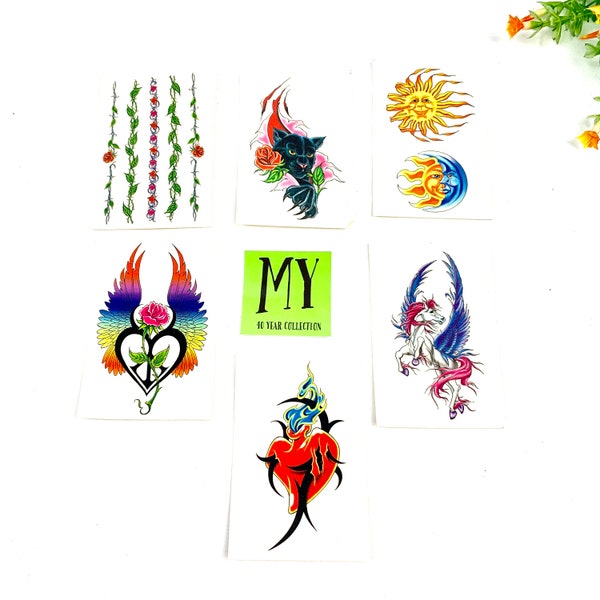 Vintage Colorful Temporary Tattoos Fake Tattoo Total 6 Sun Moon Heart Wings Leaf Vine Pegasus Sold Separately My40YearCollection
