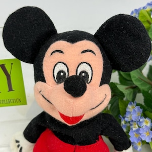 May include: A plush Mickey Mouse doll with black ears, a pink face, and a red outfit. The doll has white gloves and a smiling expression. The background includes greenery and blue flowers.