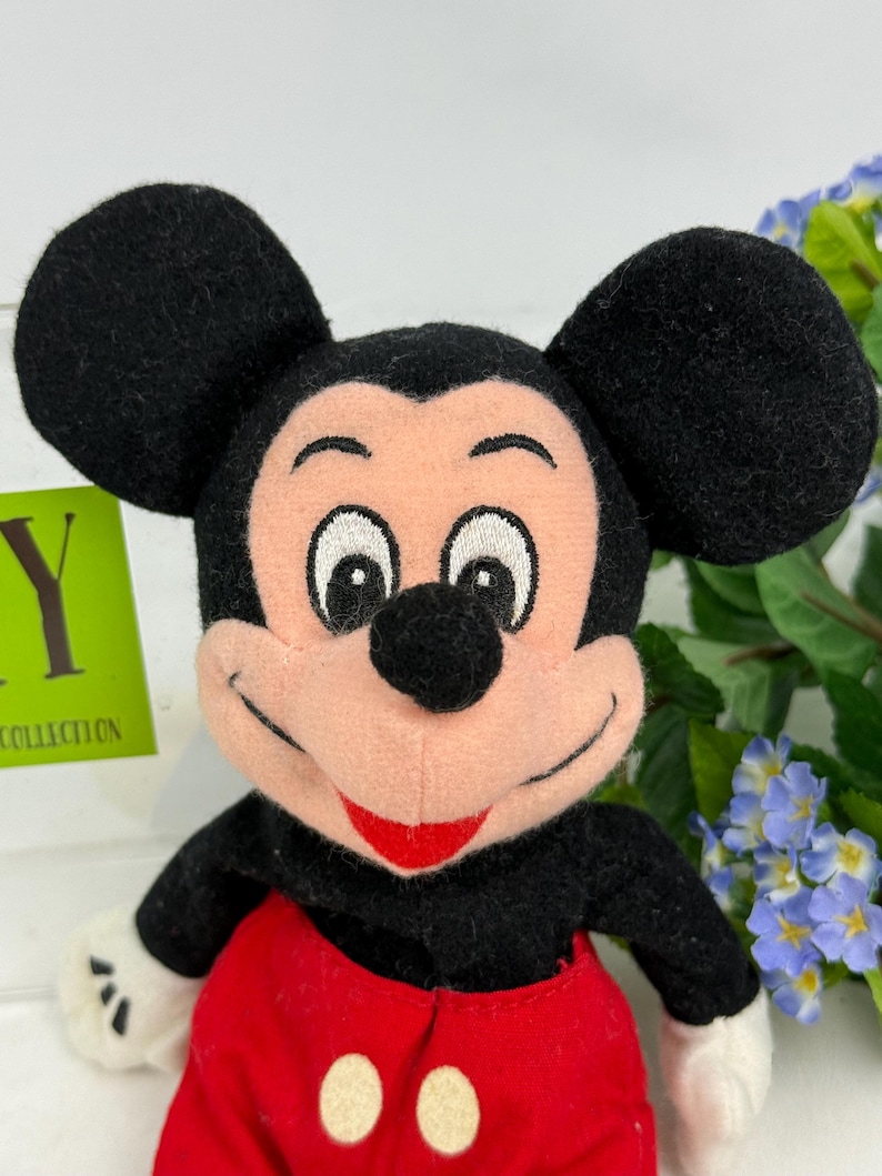 May include: A plush Mickey Mouse doll with black ears, a pink face, and a red outfit. The doll has white gloves and a smiling expression. The background includes greenery and blue flowers.