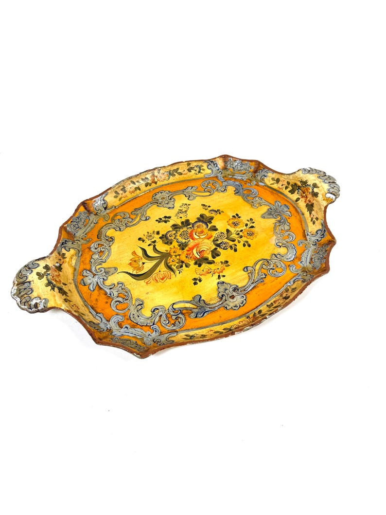 Vintage Italian Florentine Tole Tray Hand Painted Gold Gilt Serving ...