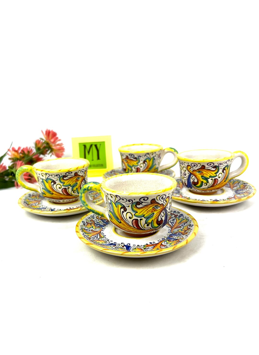 Beautiful 4 Ceramic Espresso Cups With Saucers Meridiana Ceremiche Made in Italy Colorful