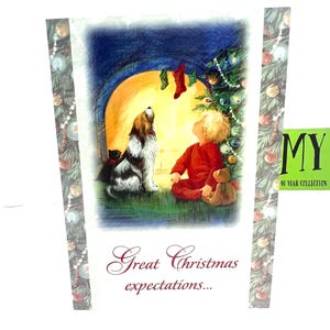 Vintage ongebruikte kerstkaart - Geweldige kerstverwachtingen - Jongen met hond kijkt naar kousen - My40YearCollection