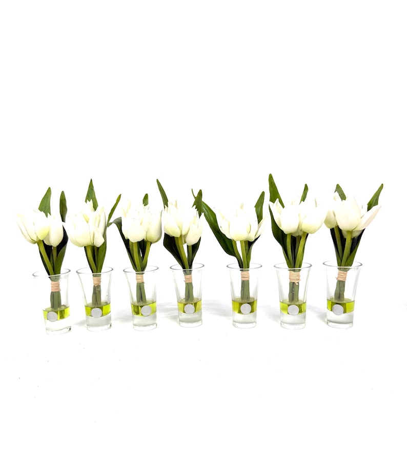 Peut inclure: Sept bouquets de tulipes blanches dans des verres &agrave; shot transparents avec des accents verts et argent&eacute;s. Chaque tulipe a des feuilles vertes et est attach&eacute;e avec de la ficelle. Les verres &agrave; shot sont dispos&eacute;s en rang&eacute;e sur fond blanc.
