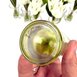 Peut inclure: Bouteille en verre transparent avec le texte "1GC26" sur le fond. La bouteille est tenue dans une main. En arri&egrave;re-plan, plusieurs petits vases en verre contiennent des tulipes blanches.