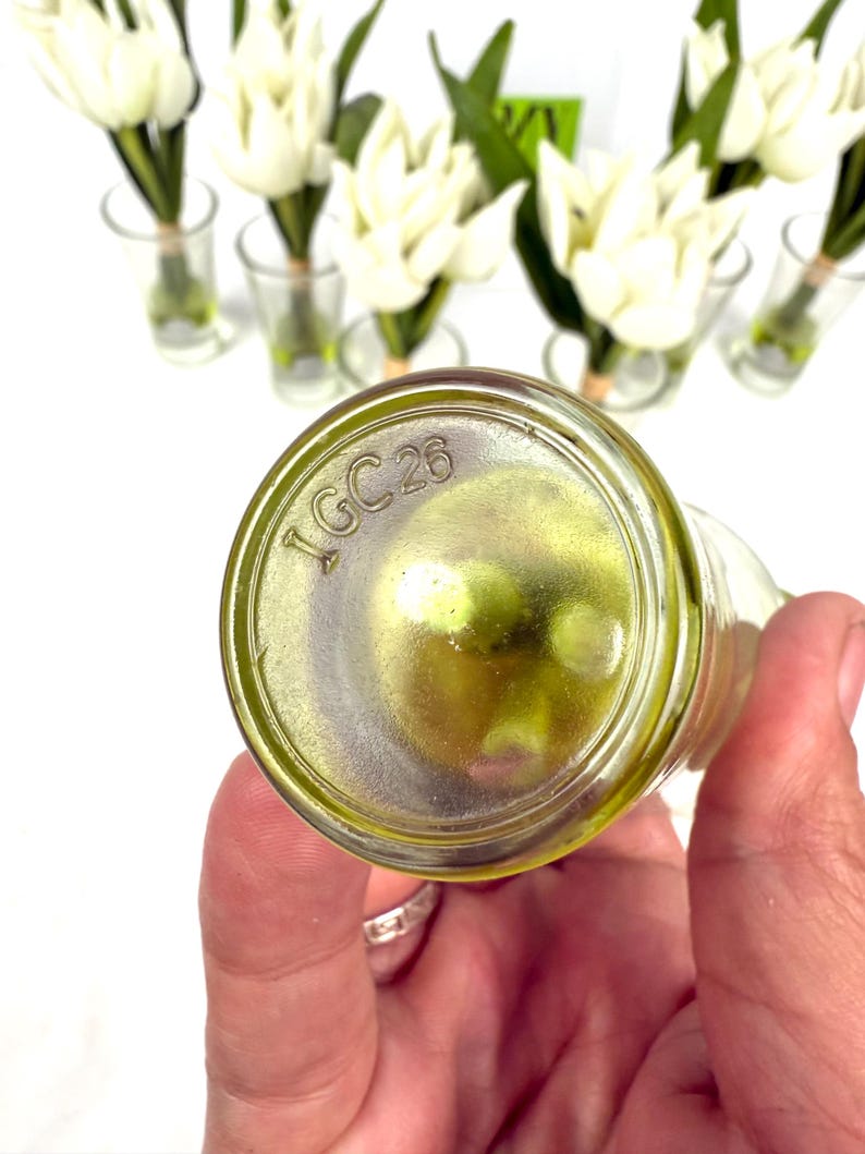 Peut inclure: Bouteille en verre transparent avec le texte "1GC26" sur le fond. La bouteille est tenue dans une main. En arri&egrave;re-plan, plusieurs petits vases en verre contiennent des tulipes blanches.