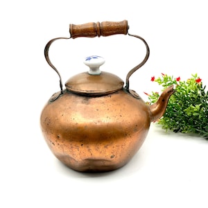 Vintage Portugal Copper Teapot: Wooden Handle, Ceramic Knob