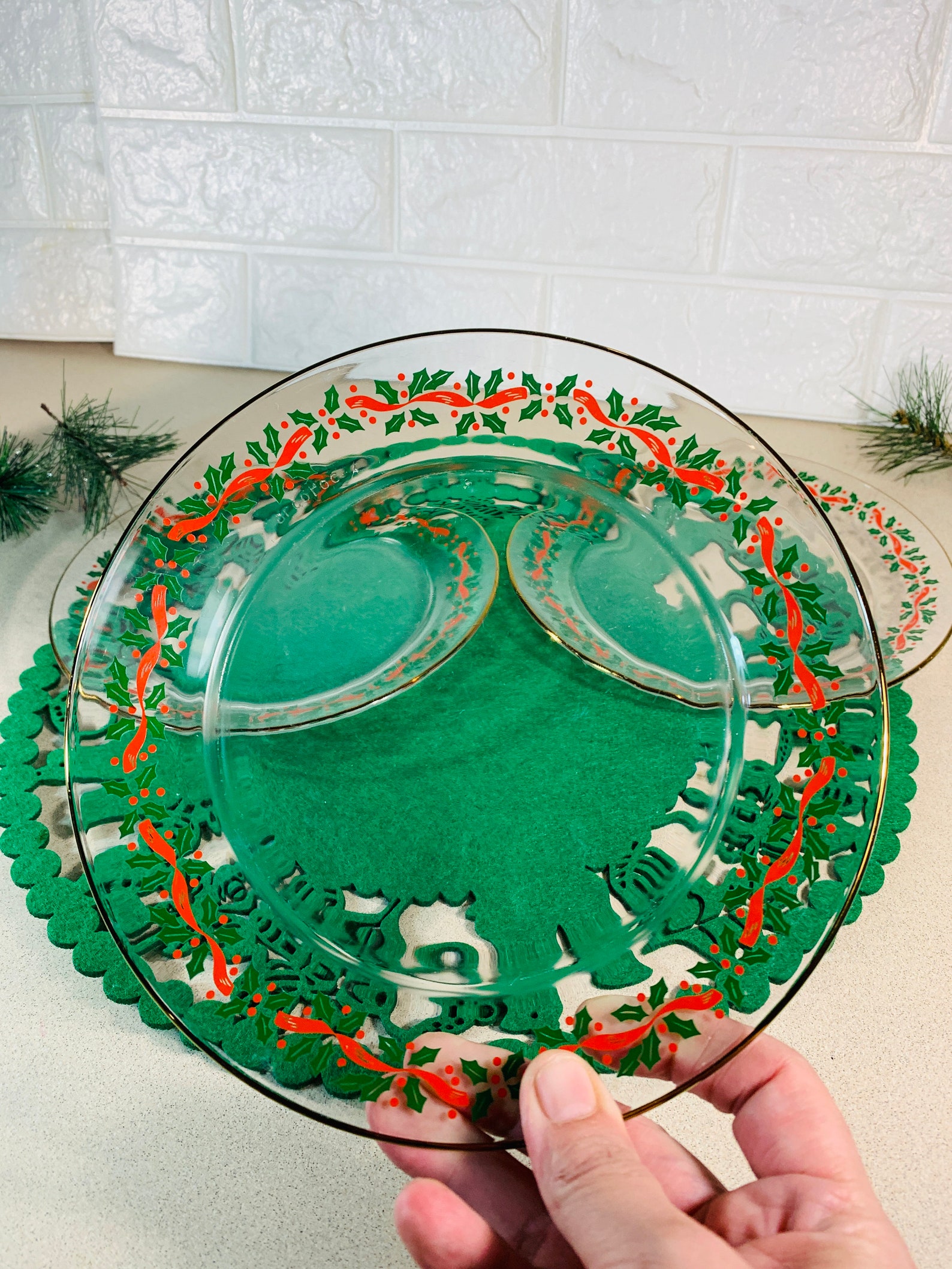 Set of 3 Arcoroc Dessert Glass Plates Christmas Plates Holly Etsy