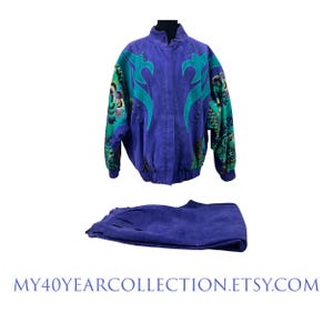 Vintage Leather Pant Suit Set: Julien K Purple Abstract Jacket, Size 8-10 image 1