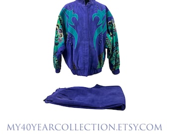 Vintage Leather Pant Suit Set: Julien K Purple Abstract Jacket, Size 8-10