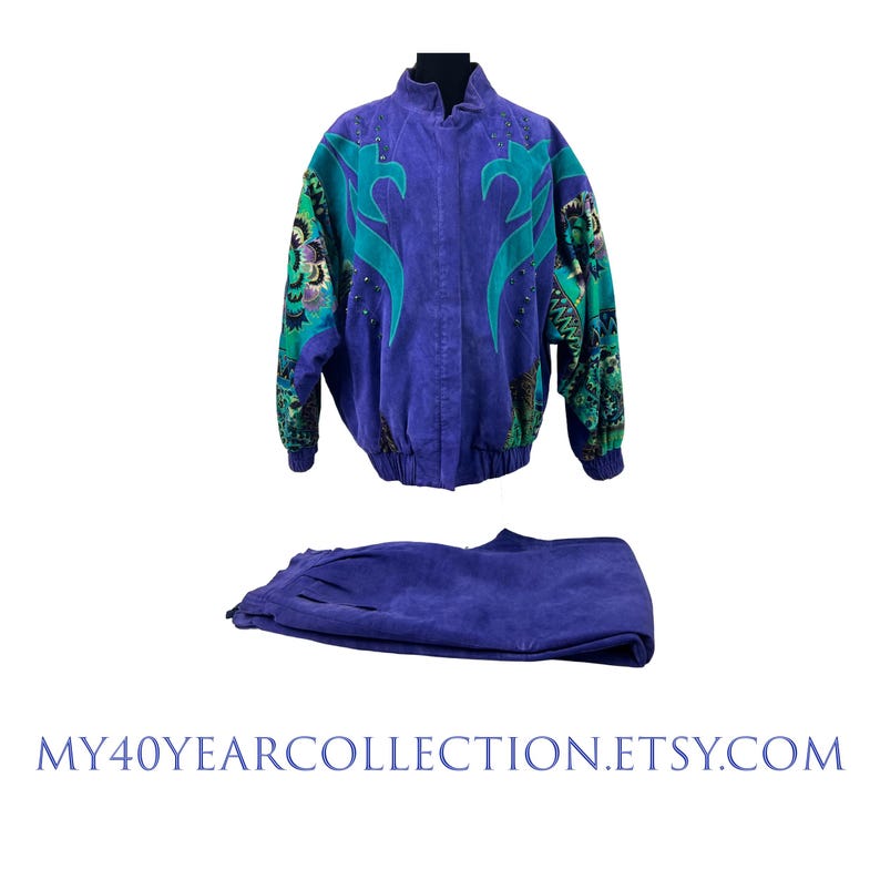 Vintage Leather Pant Suit Set: Julien K Purple Abstract Jacket, Size 8-10 image 1