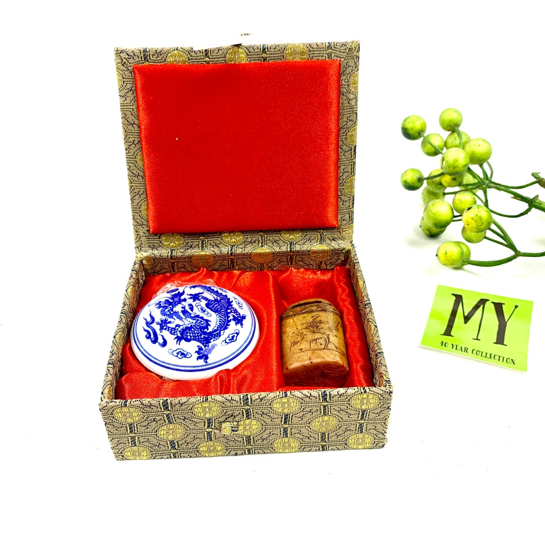 Vintage Boxed Chinese Calligraphy Set with Carved Soapstone Chop