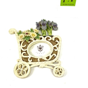 Vintage Bilderrahmen - Schiebewagen mit lila Iris und weißen Gänseblümchen - Cobest - Oval - Rückseite fehlt - Restaurierungsstück - My40YearCollection