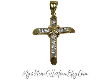 Vintage hänge i 14 karat guld med kors och kubiska zirkoniastenar - Religiös gåva | Glittrande korsberlock med CZ-motiv