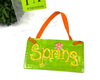 Vintage Pottery Spring Sign: Green & Orange Boho Garden Decor