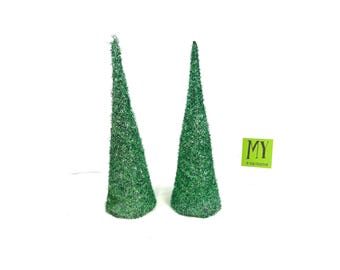 Vintage Sequin Christmas Trees: Green Glitter Cone Decor, Set of 2