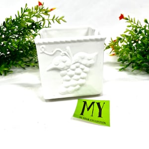 Vintage White Ceramic Square Post It Note Holder Embossed Grape Motif My40YearCollection