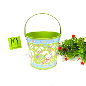 Vintage Metal Easter Basket: Green Bunny & Egg Motif