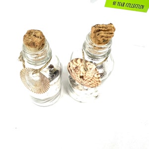 May include: Two small glass bottles with cork stoppers, each filled with sand and a seashell. The bottles are tied with twine and have a rustic, beachy aesthetic.