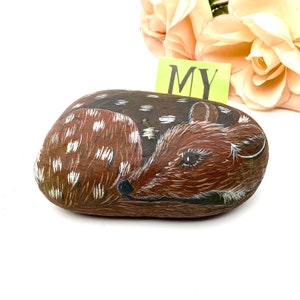 Vintage Handpainted Rock of Fawn Springmaid Mountain 2000 Souvenir Spotted Deer Resting Fawn Paperweight Door Stopper My40YearCollection