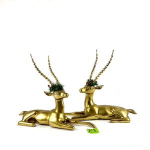 Vintage Solid Brass Resting Deer Statues: Christmas Mantle Decor