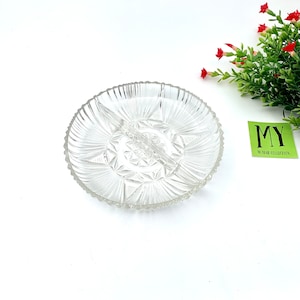 Vintage Clear Pressed Glass Divided Relish Dish: Starburst Pattern