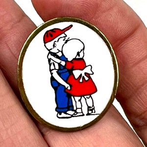 Vintage Lapel Pin - Oval Boy and Girl Red White and Blue Pin - My40YearCollection