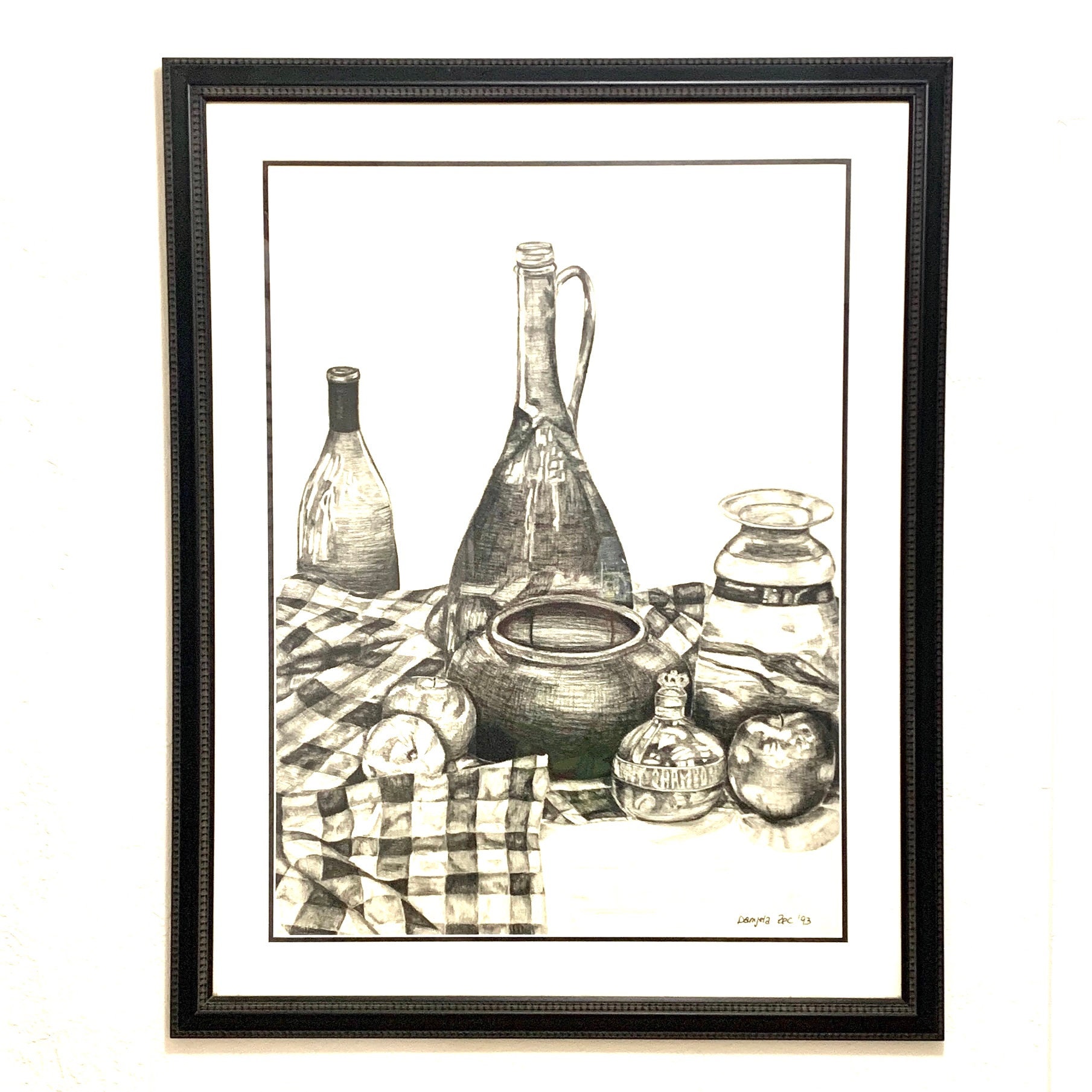 オリジナル木炭静物画：チェック柄テーブルクロス、黒額縁（36x30） - Etsy 日本, image size:1809x1809