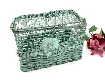 Vintage Metal Chicken Wire and Wicker Recipe Box Teal Grape Leaf Recipe Note Card Box Rustic Farmhouse Decor My40YearCollection