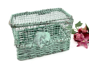 Vintage Teal Recipe Box: Wicker, Chicken Wire, Grape Leaf - Farmhouse Decor