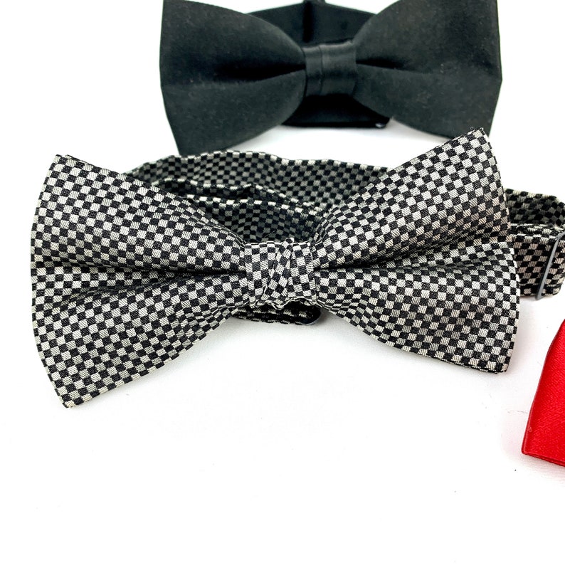 Vintage Bow Ties Red Silk Bow Tie Checkered Black Gray Bow Tie Black Bow Tie Tuxedo Adjustable Bow Tie My40YearCollection Checkered Black Gray