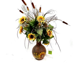 Vintage Sunflower Arrangement: Rustic Terra Cotta Vase Centerpiece