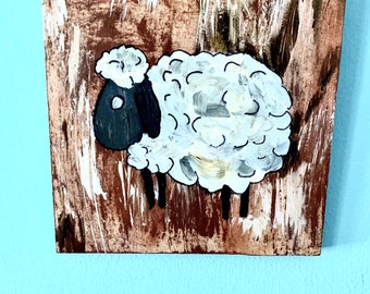 Original Wood Wall Art Sheep Art Acrylic Painting Farmhouse Decor